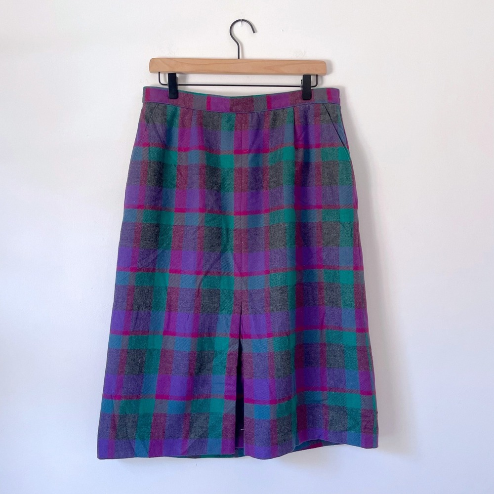 Vintage Plaid Midi Skirt Wool Blend‎ Sz Medium Preppy 80s Academia Dopamine